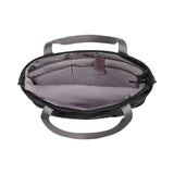 Open tote bag with gray interior compartments and handles.