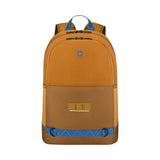 Mustard yellow backpack with blue accents and a front pocket.