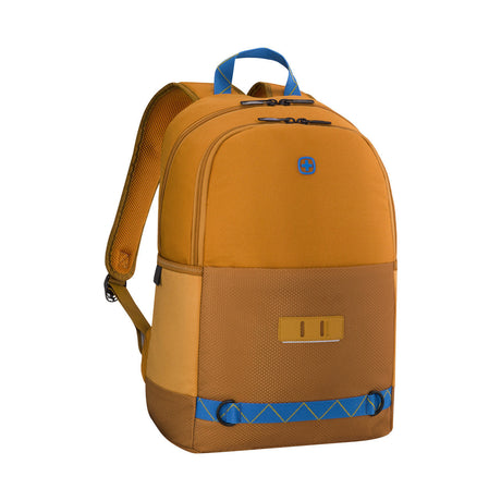 Yellow and brown backpack with blue accents and straps.