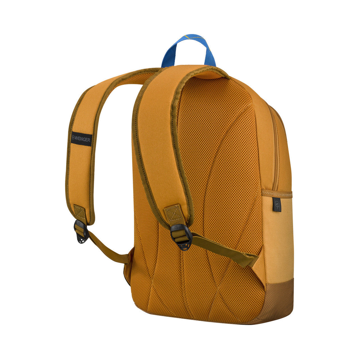 Yellow backpack with blue straps and textured exterior.