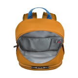 Yellow backpack with blue straps and an open front compartment showing a gray interior.