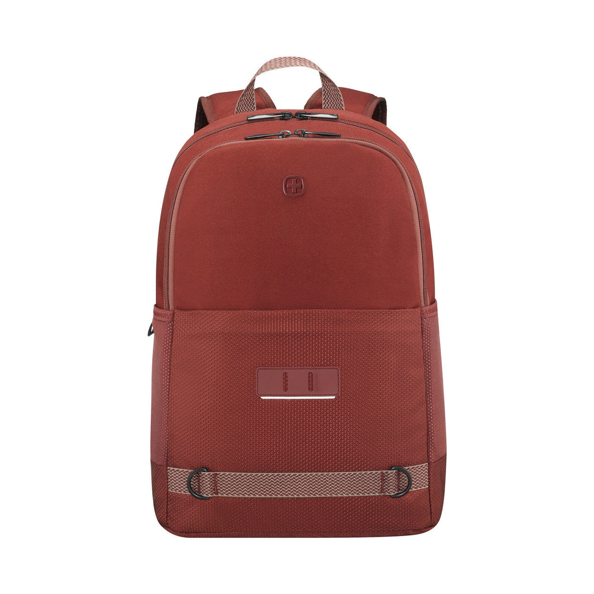 Red backpack with leather accents and a front pocket.