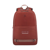 Red backpack with leather accents and a front pocket.