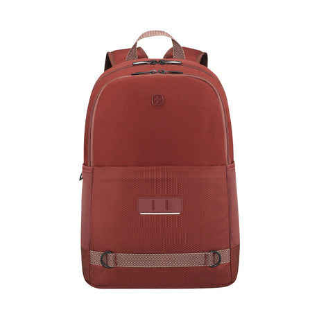 Red backpack with leather accents and a front pocket.