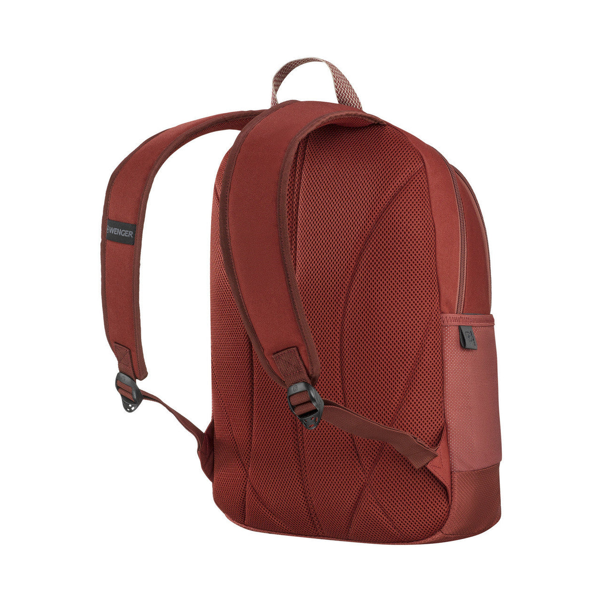 Red backpack with mesh panels and adjustable straps.