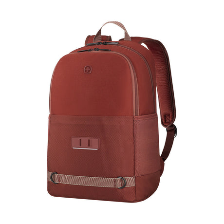 Red leather backpack with adjustable straps and a front pocket.