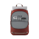 Backpack with open front compartment displaying electronic accessories.