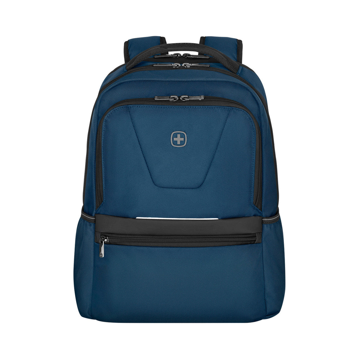 Blue backpack with multiple compartments and a Swiss cross logo.