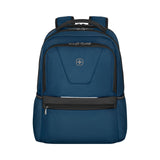 Blue backpack with multiple compartments and a Swiss cross logo.