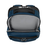 Blue and black backpack with an open main compartment revealing a light gray interior.