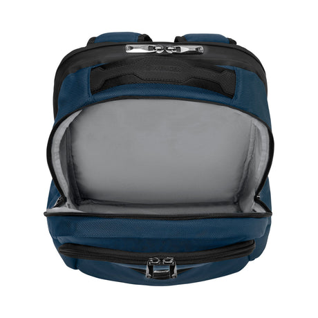 Blue and black backpack with an open main compartment revealing a light gray interior.