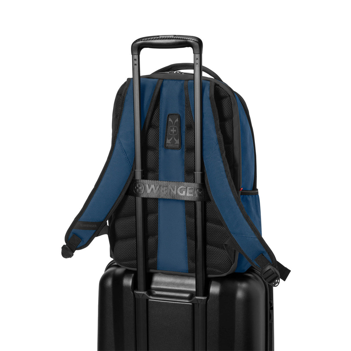 Blue and black backpack with a telescoping handle for rolling luggage attachment.