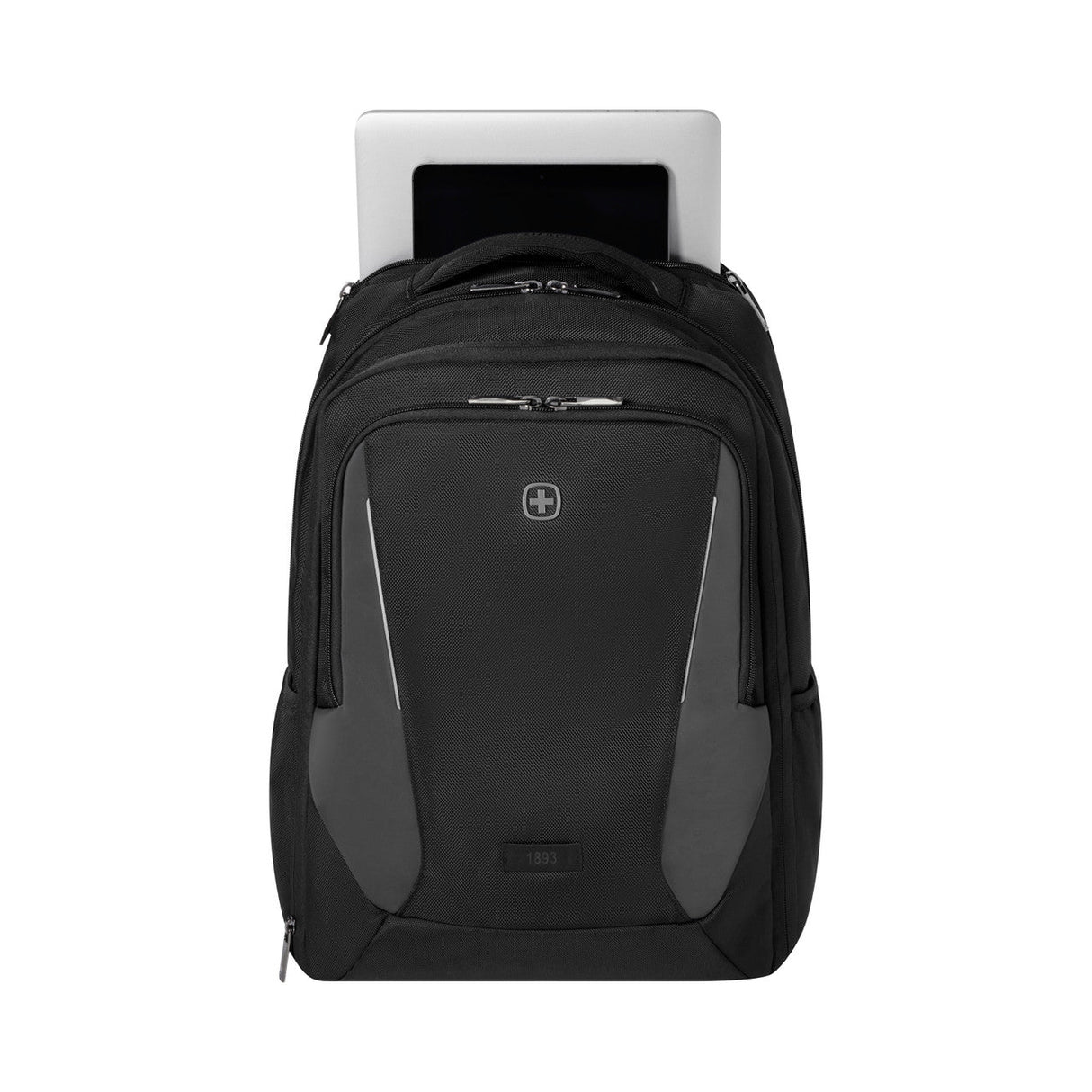 Black and gray backpack with multiple compartments and a laptop sleeve.