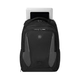 Black and gray backpack with multiple compartments and a laptop sleeve.