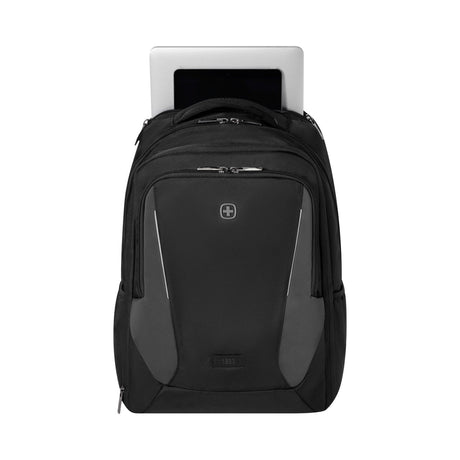Black and gray backpack with multiple compartments and a laptop sleeve.