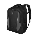 Black and gray backpack with multiple compartments and padded straps.