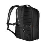 Black backpack with padded straps and multiple compartments.