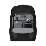 Black backpack with multiple compartments and organizational pockets.