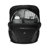 Black laptop backpack with an open compartment showing interior storage.