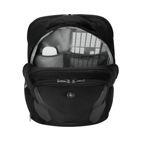 Black laptop backpack with an open compartment showing interior storage.