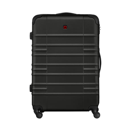 Black hardshell rolling suitcase with horizontal ridges and a small red logo.