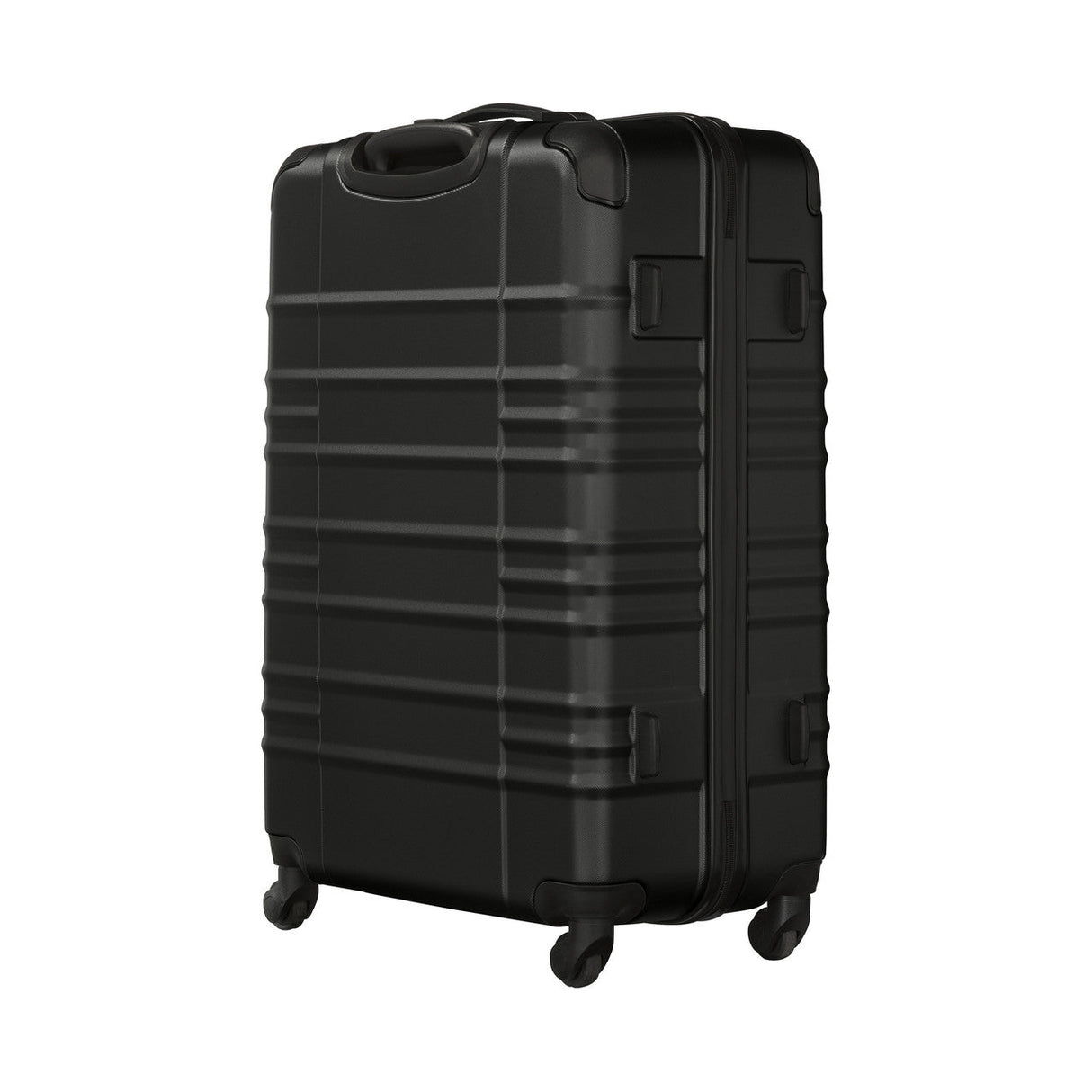 Black hardshell rolling suitcase with horizontal ridges.