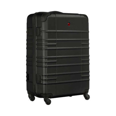 Black hardshell rolling suitcase with horizontal ridges and a small red logo.