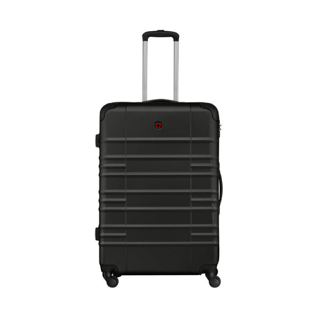 Black hard-shell rolling suitcase with horizontal ridges and an extendable handle.