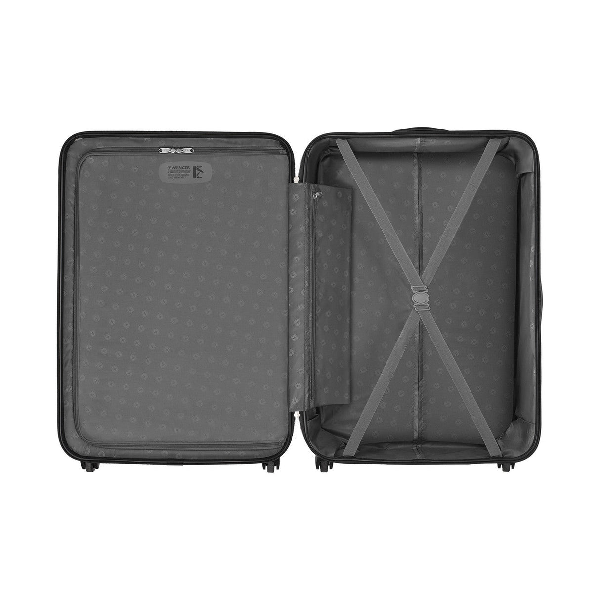 Open hard-shell suitcase showing its interior compartments.