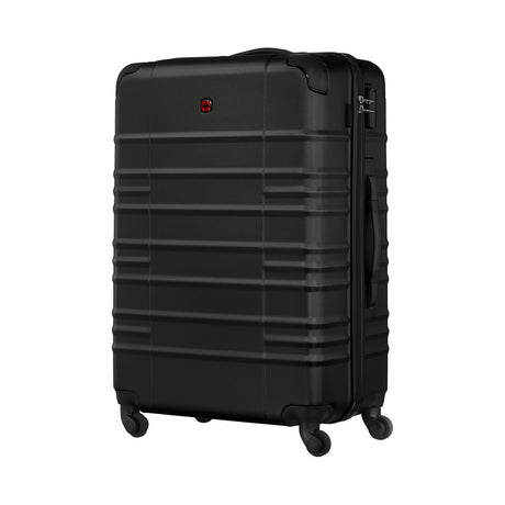 Black hardshell suitcase with horizontal ridges and four wheels.