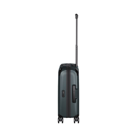Dark gray hardshell rolling suitcase with an extendable handle.