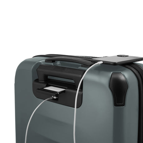 Sleek gray suitcase with a built-in USB charging port.