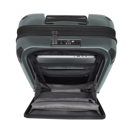 Hard-shell rolling suitcase with an open front compartment revealing interior storage space.