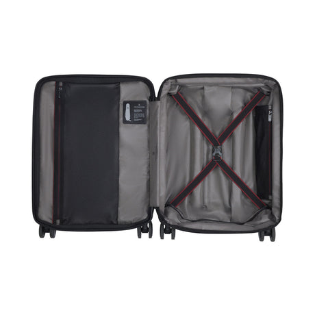 Open hard-shell suitcase with interior compartments and straps.