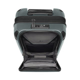 Hard-shell rolling suitcase with an open front compartment.