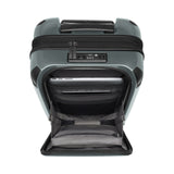 Hard-shell rolling suitcase with an open front compartment.
