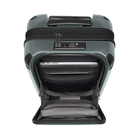 Hard-shell rolling suitcase with an open front compartment.