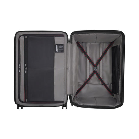 Open suitcase showing its interior compartments and straps.