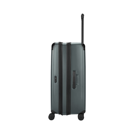 Gray hardshell rolling suitcase with an extendable handle and wheels.