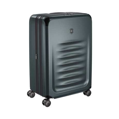Dark gray hardshell rolling suitcase with horizontal ridges on the front panel.