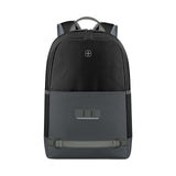 Black and gray backpack with a logo and front pocket.