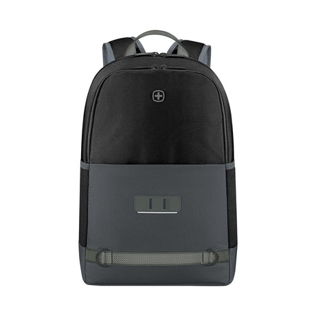 Black and gray backpack with a logo and front pocket.