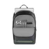 Sleek gray and black backpack with multiple compartments and a laptop sleeve.