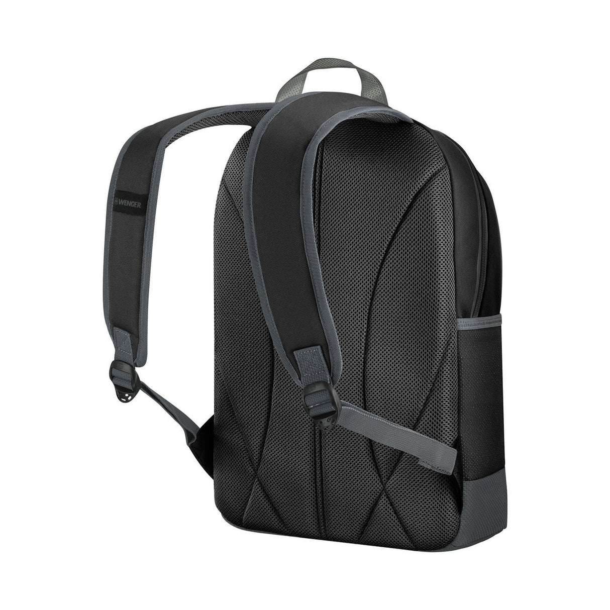 Black backpack with padded straps and textured exterior.