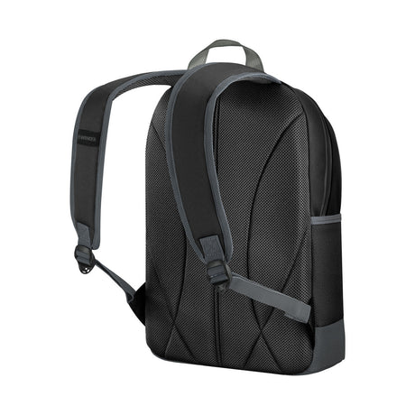 Black backpack with padded straps and textured exterior.