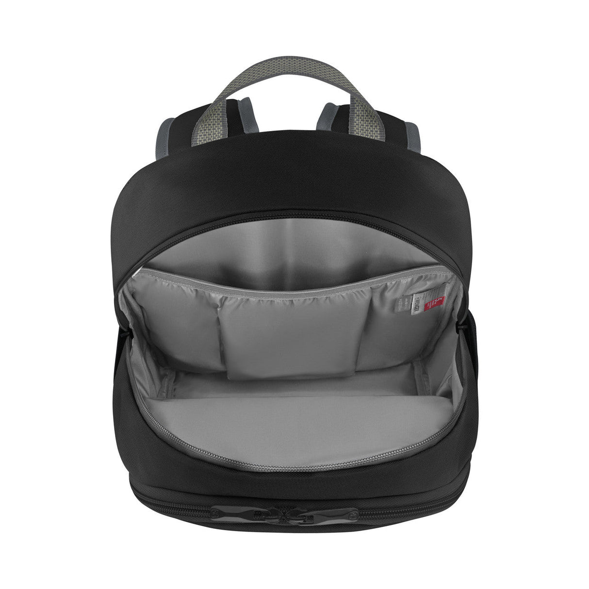 Black backpack with an open main compartment revealing a gray interior.