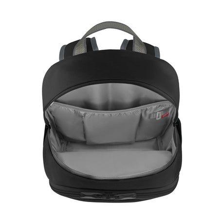 Black backpack with an open main compartment revealing a gray interior.