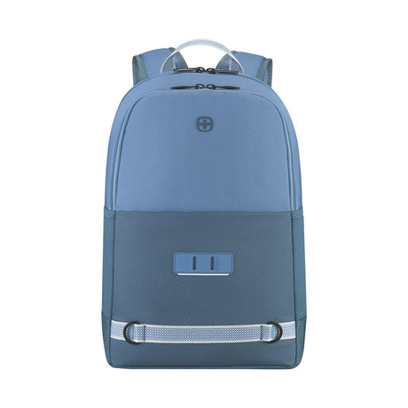 Blue backpack with two-tone design and reflective strap.