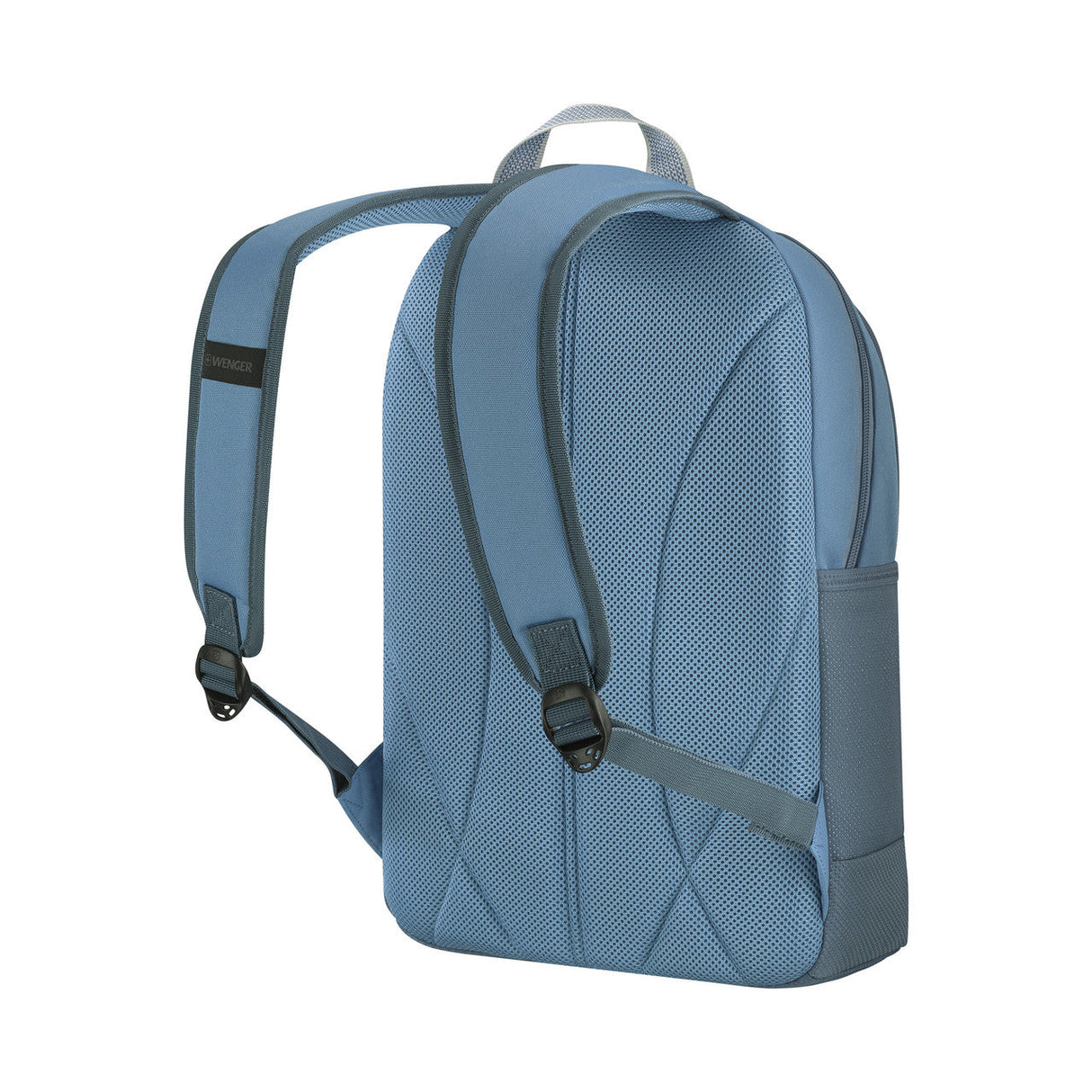 Light blue backpack with textured fabric and padded straps.
