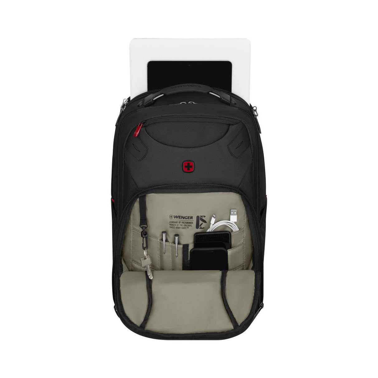 Black backpack with an open front compartment revealing storage pockets.